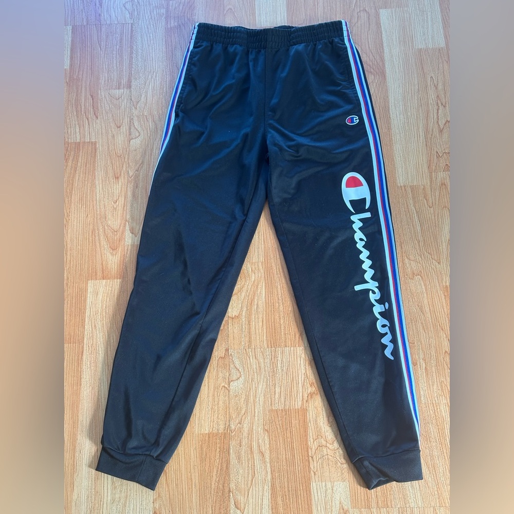 Champion Black Kids Joggers with Blue Stripes